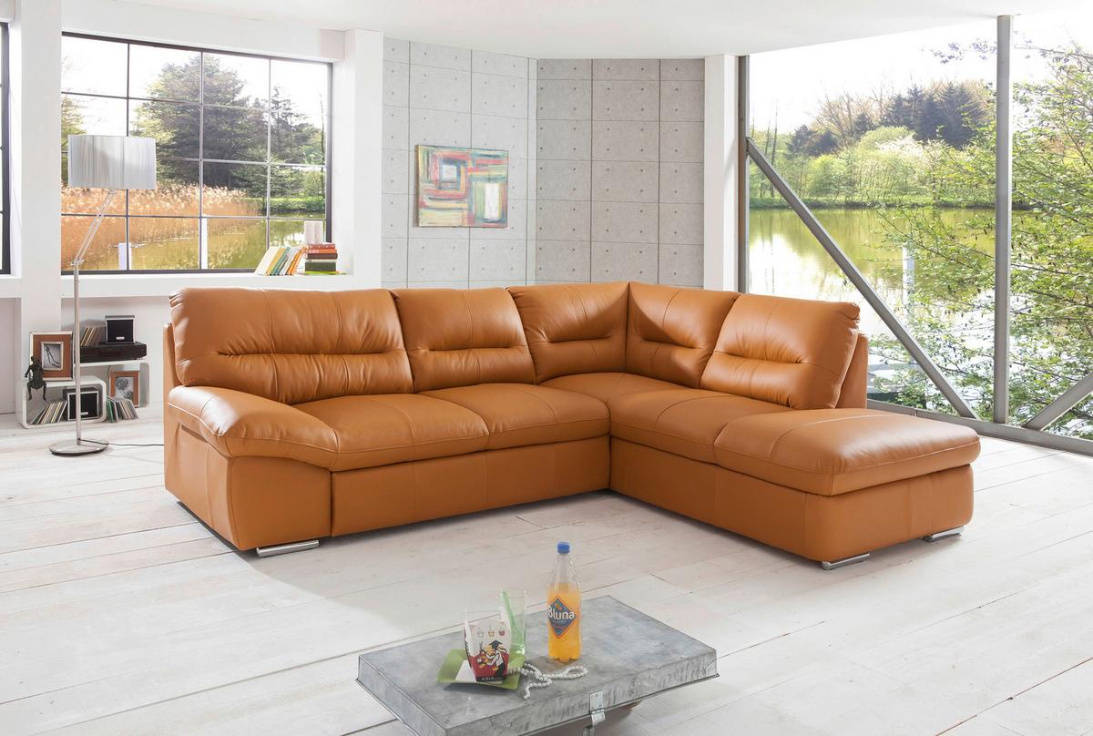 Ecksofa William, Cognac S: 268x216 Cm - Chromfarben/Cognac, Design, Leder (268/216cm) - Livetastic