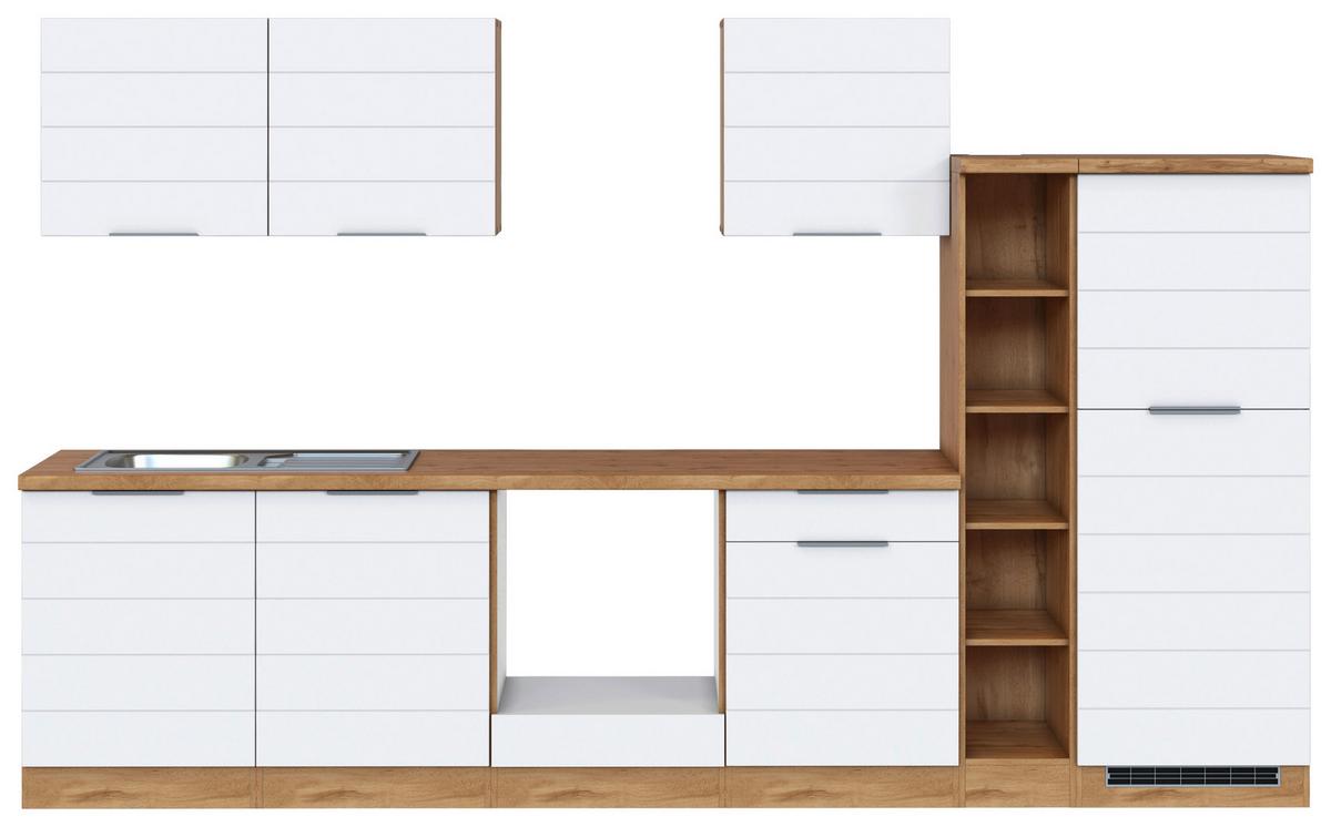 Küchenzeile Florenz ohne Geräte 330 cm Weiß/Eichefarben - Eiche Wotan/Weiß, Design, Holzwerkstoff (330cm) - Held