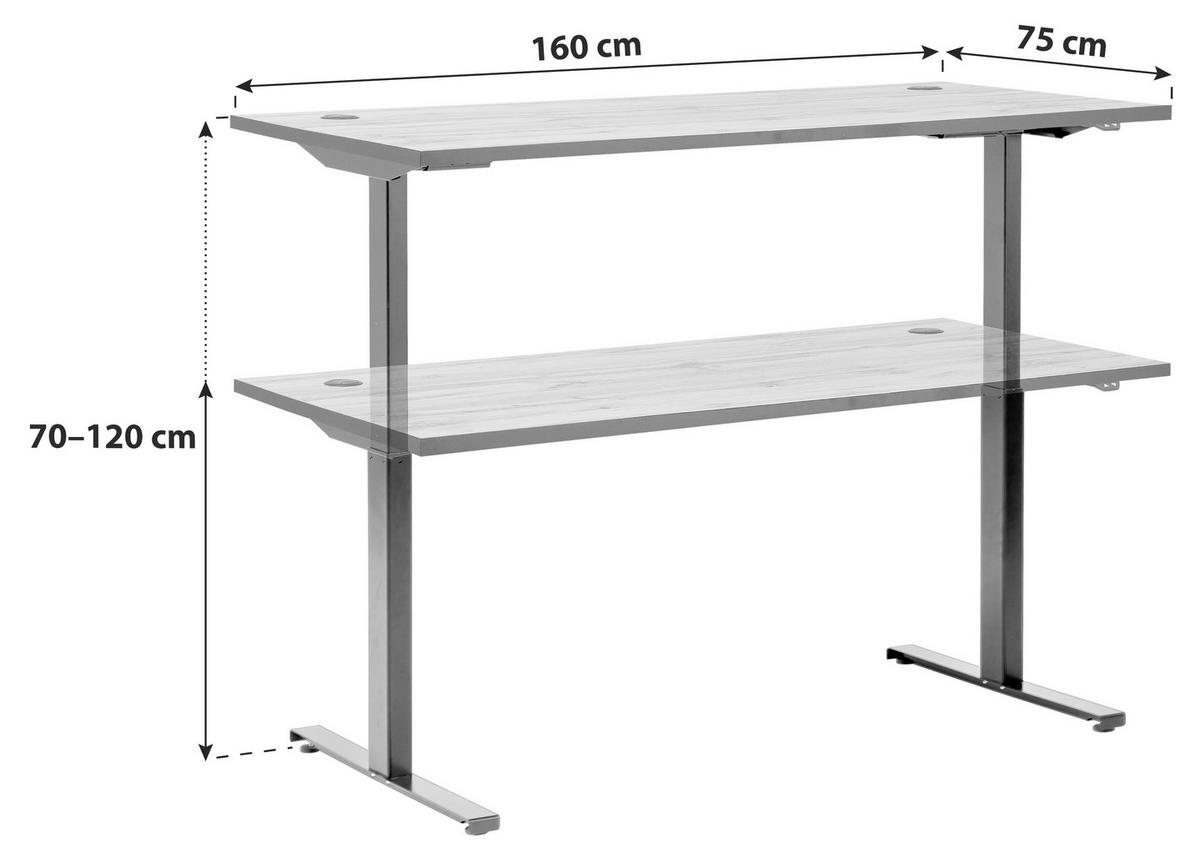Schreibtisch B 160 H 70-120 cm Serie 2000 Eiche Dekor - Eichefarben/Schwarz, KONVENTIONELL, Holzwerkstoff/Metall (160/70,5-117/75cm) - MID.YOU