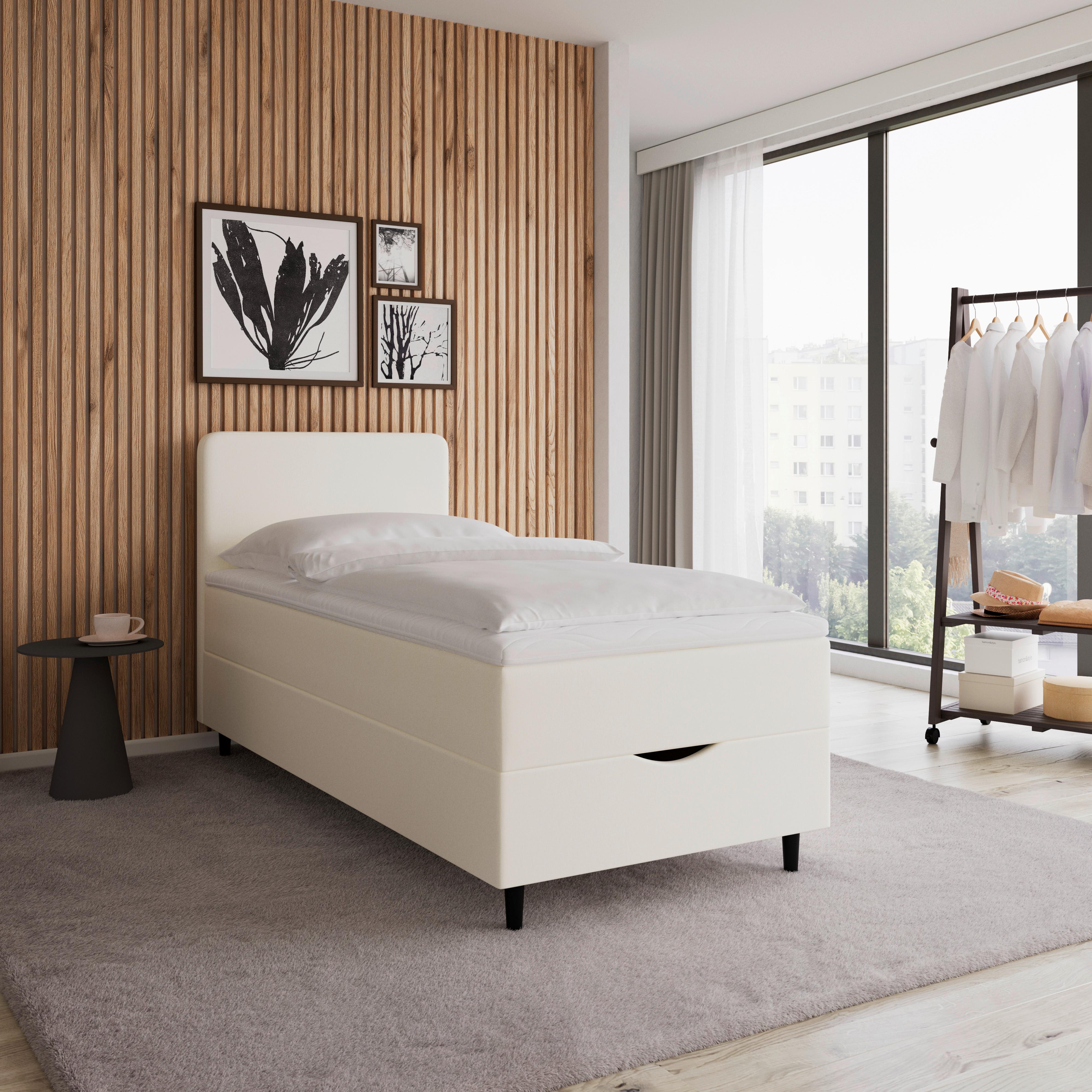 Boxspringová posteľ VIDA 90x200, krémová, s topperom - čierna/slonovinová, Modern, drevo/textil (90/200cm) - Bessagi Home