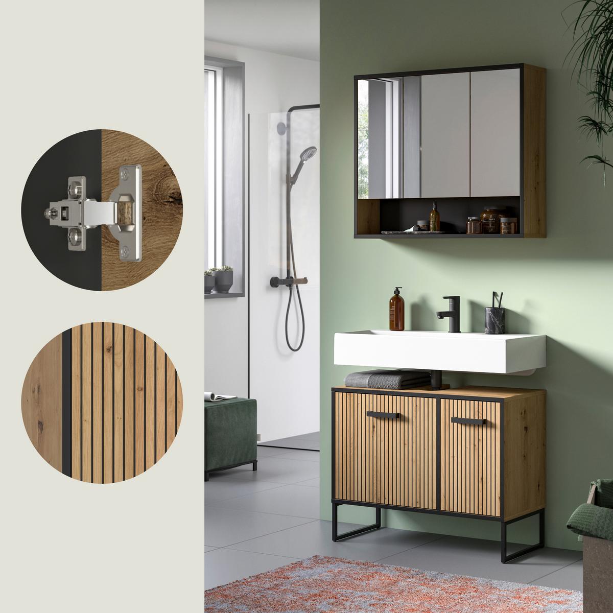 Badezimmer Bagno Schwarz /Eiche Artisan Dekor B: 80cm - Schwarz/Eiche Artisan, Trend, Holzwerkstoff (80cm) - MID.YOU