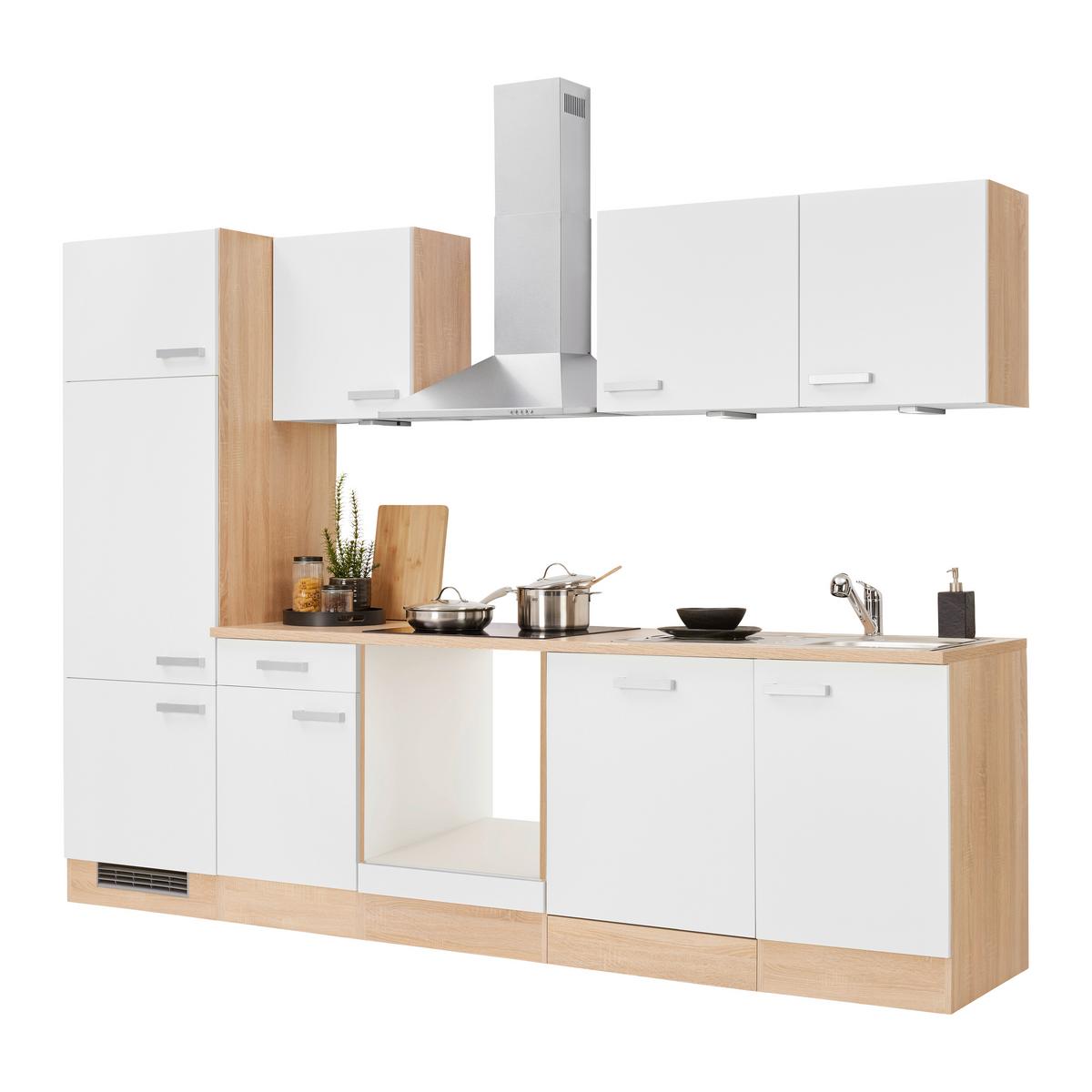 Kuchynský blok LEXA bez spotrebičov, šírka 280 cm - biela/farba duba, Modern, kompozitné drevo/plast (280cm) - Based
