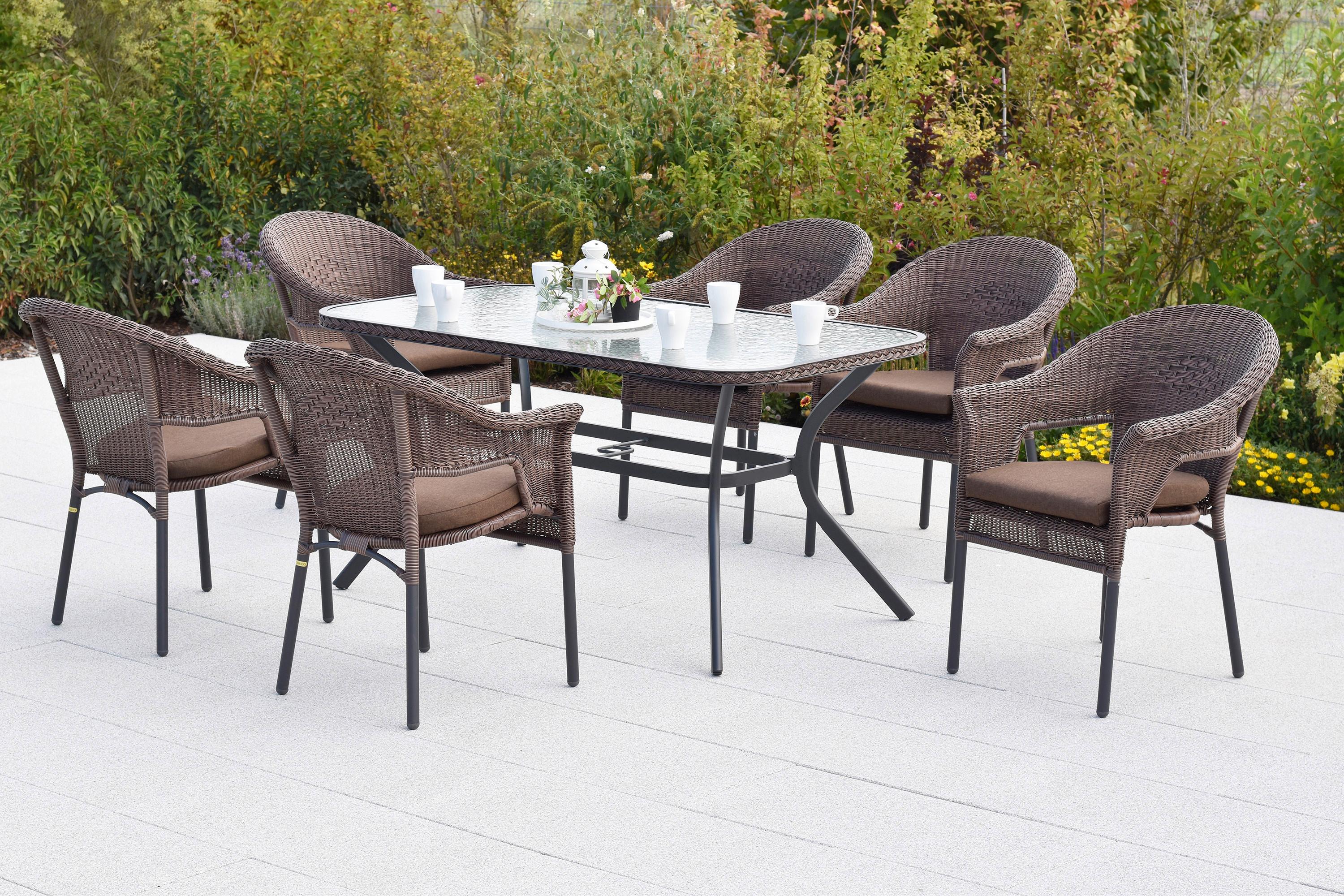 Gartentischgruppe Ravenna 7tlg. Set inkl. Sitzkissen - Dunkelbraun/Graphitfarben, KONVENTIONELL, Glas/Kunststoff - Gardenson