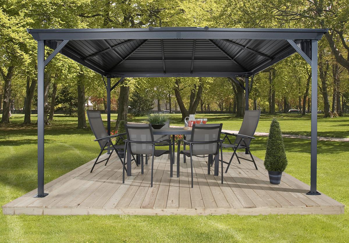 Pavillon Ventura 296x261cm wetterfest, mit Vorhängen - Anthrazit, Basics, Metall (296/261cm)