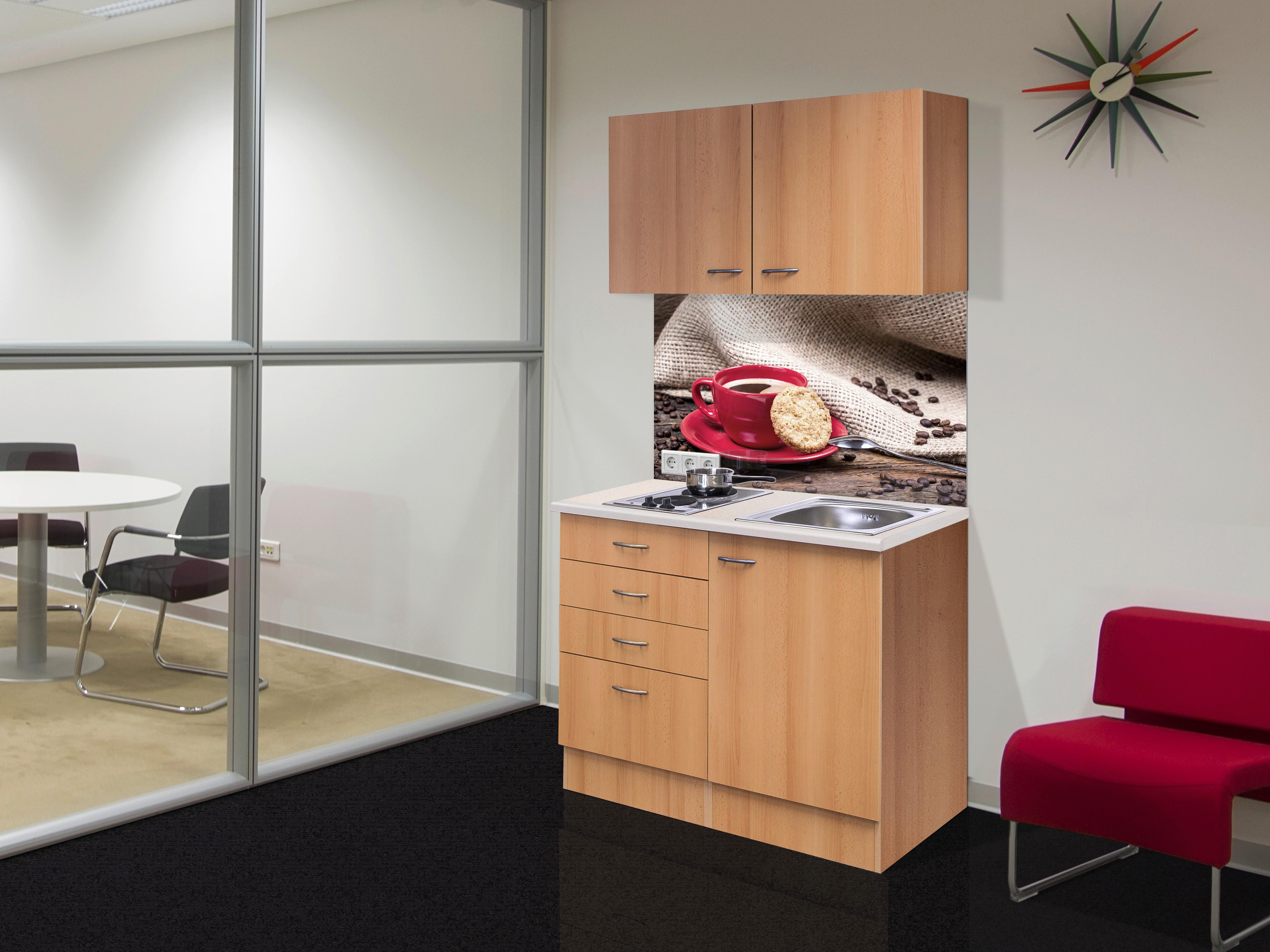 Minikuchyně NANO,šířka 100 cm včetně varné desky a dřezu - barvy buku/béžová, Moderní, kompozitní dřevo/plast (100cm) - FlexWell