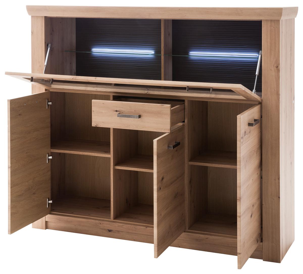 Highboard B: 164 cm Meran Eichefarben - Eichefarben/Anthrazit, Design, Glas/Holzwerkstoff (164/146/45cm) - Livetastic