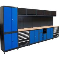 Werkstatt-Schrankwand Stahl/ Holz BxHxT: 390x58x202,5 cm - Basics, Holz/Metall (390/58/202,5cm)