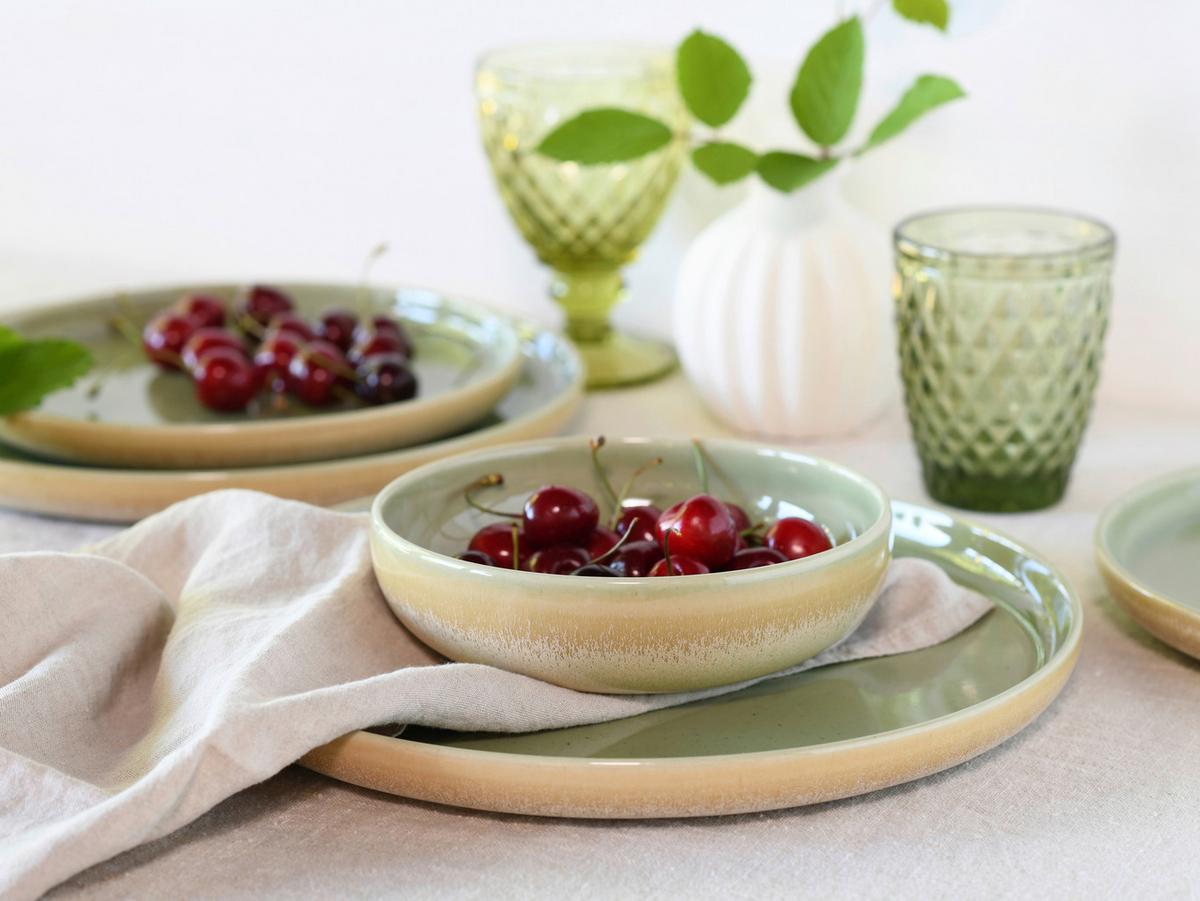 Speisetellerset Romana 12--Teilig. Creme/grün - Creme/Grün, Design, Keramik - Creatable