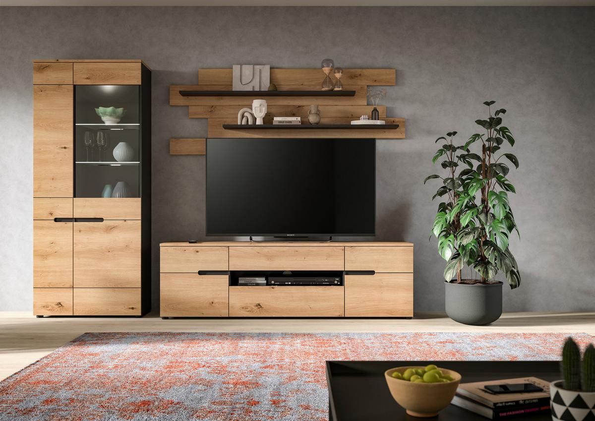 Wohnwand Canu Eiche Artisan Dekor B: 280cm - Schwarz/Eiche Artisan, Design, Holzwerkstoff (280/190/44cm) - Livetastic
