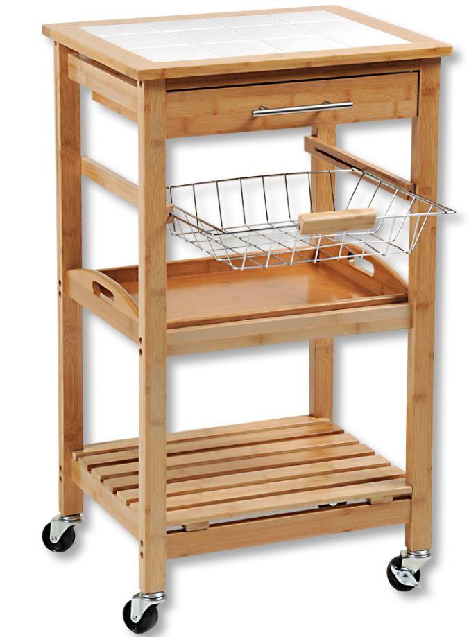 Servierwagen Bambus Natur mit 3 Ablagen + Lade