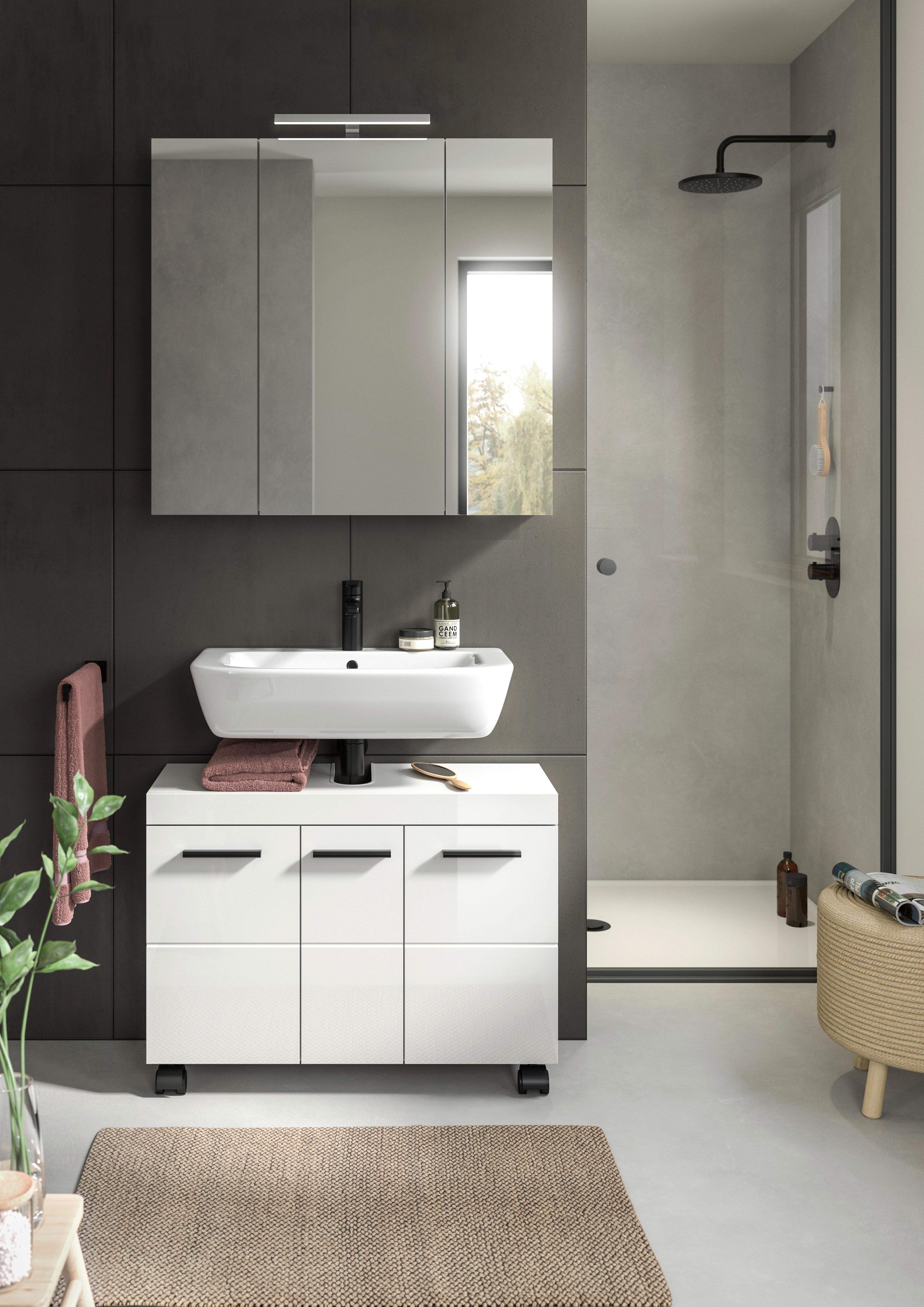Badezimmer Nova Weiß B: 82cm - Weiß Hochglanz/Schwarz, Trend, Glas/Holzwerkstoff (82cm) - MID.YOU
