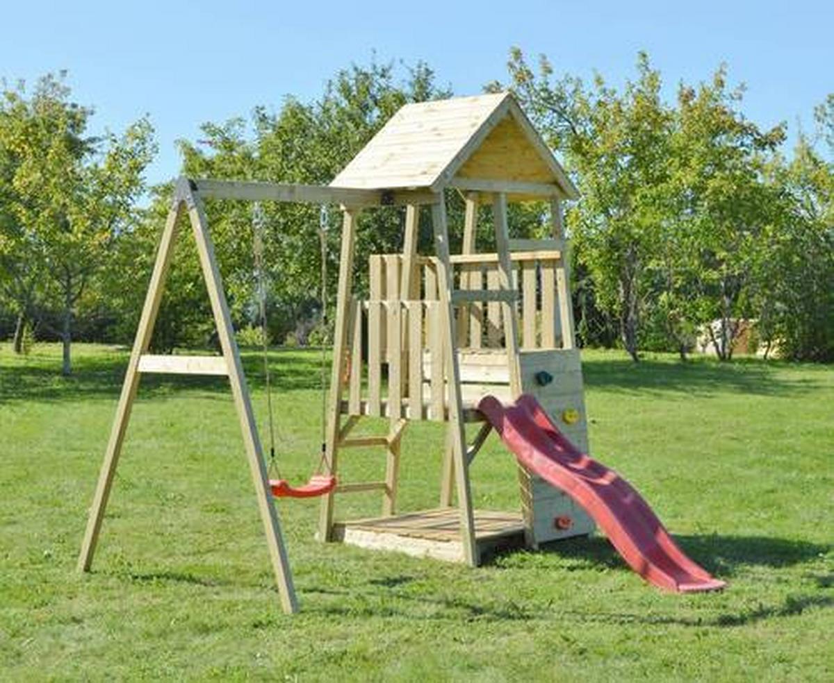 Spielturm Panda Naturfarben/rot, B: 270 Cm - Rot/Naturfarben, KONVENTIONELL, Holz (270/270/290cm)