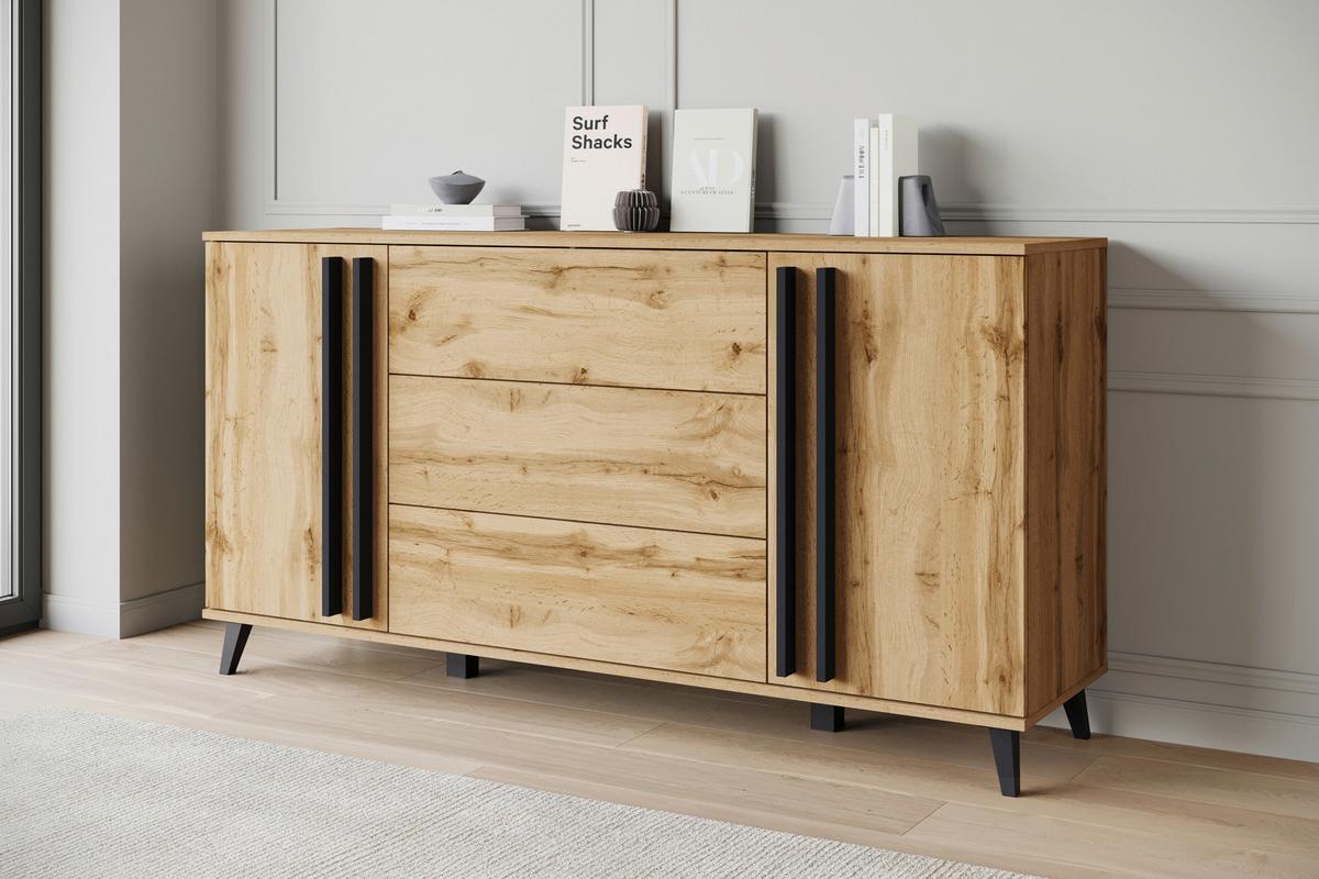 Sideboard Helsinki Eiche Wotan Dekor B: 150cm - Eiche Wotan/Schwarz, Trend, Holzwerkstoff (150/77,8/39,5cm) - P & B