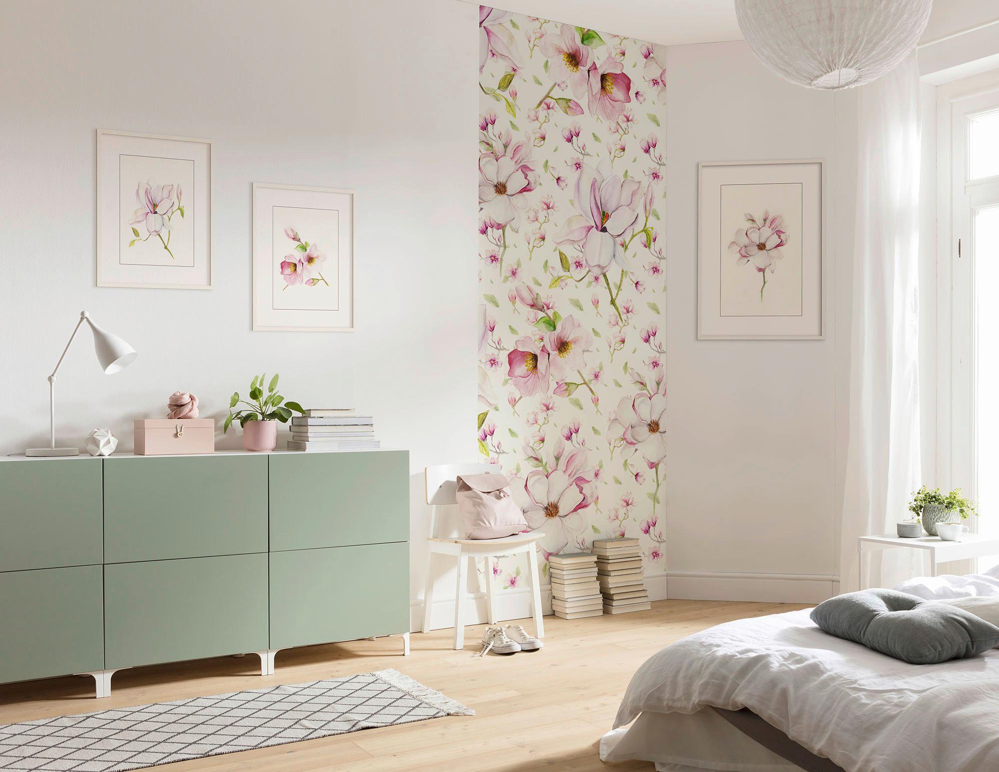 Vliestapete Magnolia Panel - Rosa/Weiß, Basics (100/250cm) - Komar
