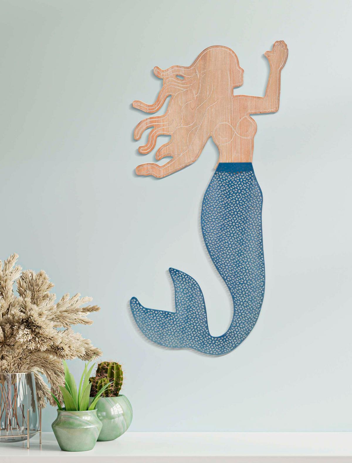 Wanddeko Sirena Blau, Naturfarben B: 30,5 Cm - Basics, Holzwerkstoff/Metall (30,5/60/2cm)