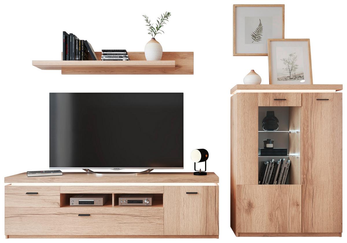 Wohnkombination Modern 3 -teilig. Mit Led Vanvouver, Eiche Dekor - Eichefarben, MODERN, Glas/Holzwerkstoff (294/198/44cm)