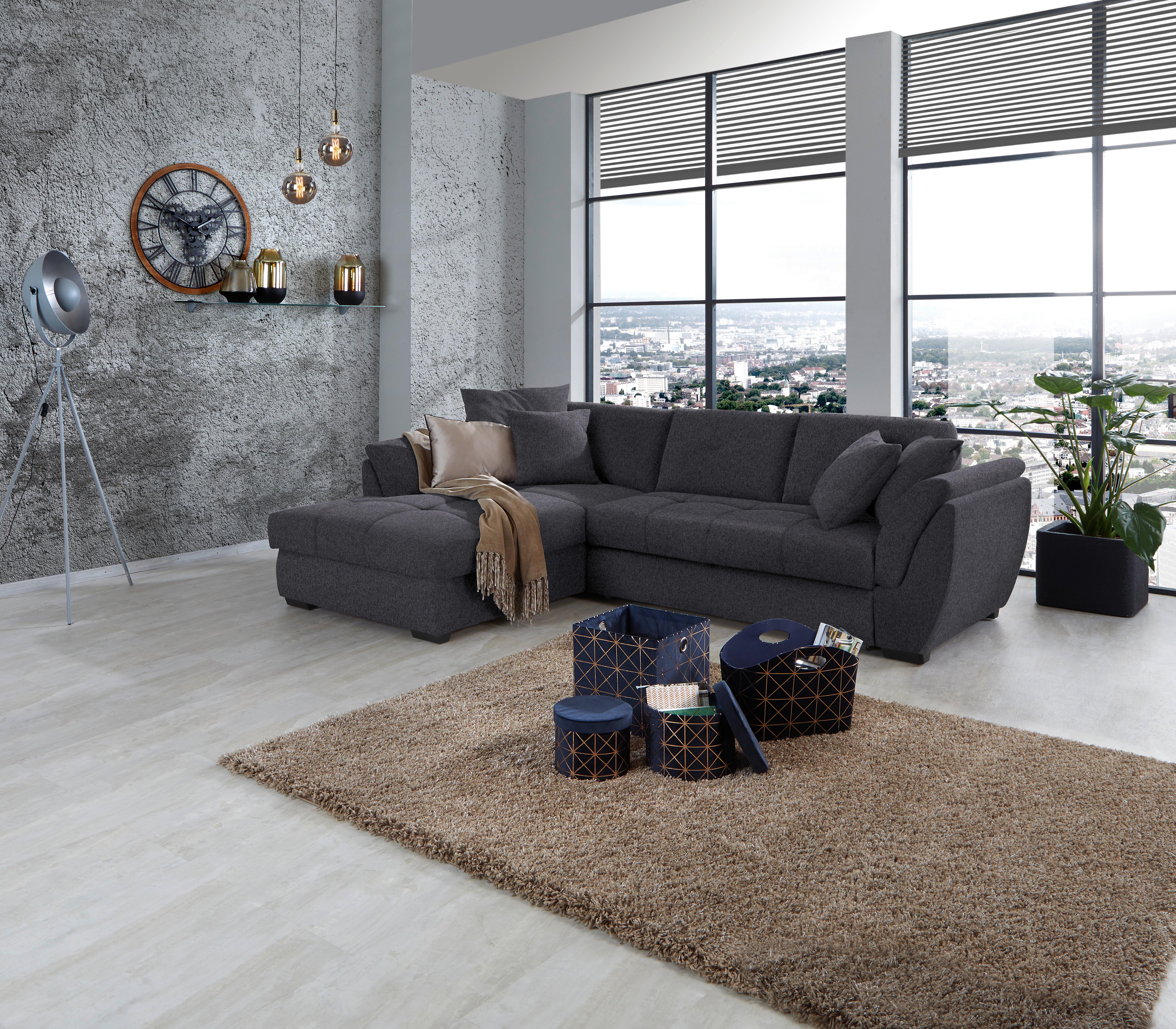 Ecksofa mit Schlaffunktion und Bettkasten Berisso Webstoff - Anthrazit/Schwarz, Design, Textil (187/278cm) - Ondega
