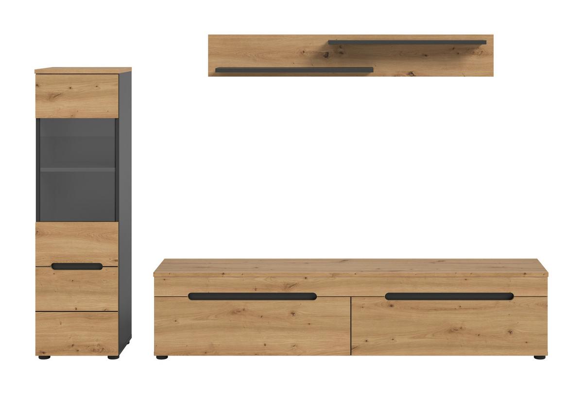 Wohnwand Canu Eiche Artisan Dekor B: 221cm - Schwarz/Eiche Artisan, Design, Holzwerkstoff (221/141/33cm) - Livetastic