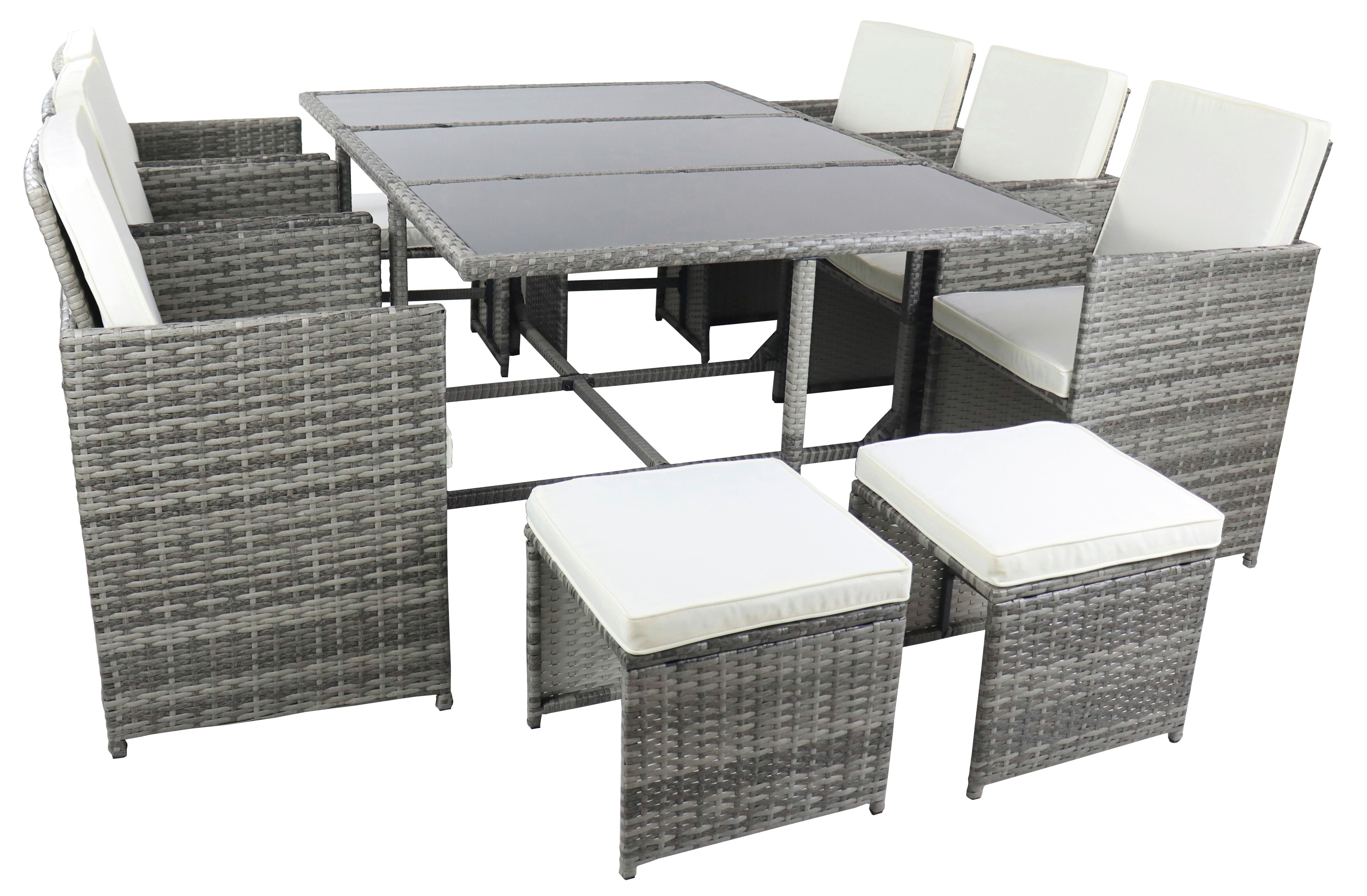 Gartentischgruppe 9-tlg Raloso Aus Kunststoffgeflecht - Creme/Grau, MODERN, Glas/Kunststoff - Ambia Garden