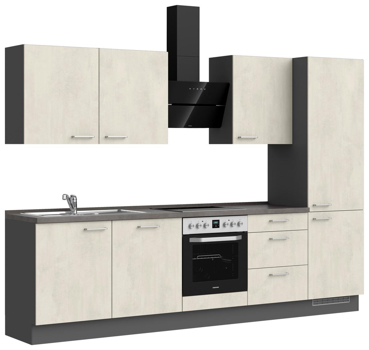 Kuchynská linka 300CM biely betón/ bridlicová šedá - biela/farba ušľachtilej ocele, Modern, kov/kompozitné drevo (300cm) - Nobilia