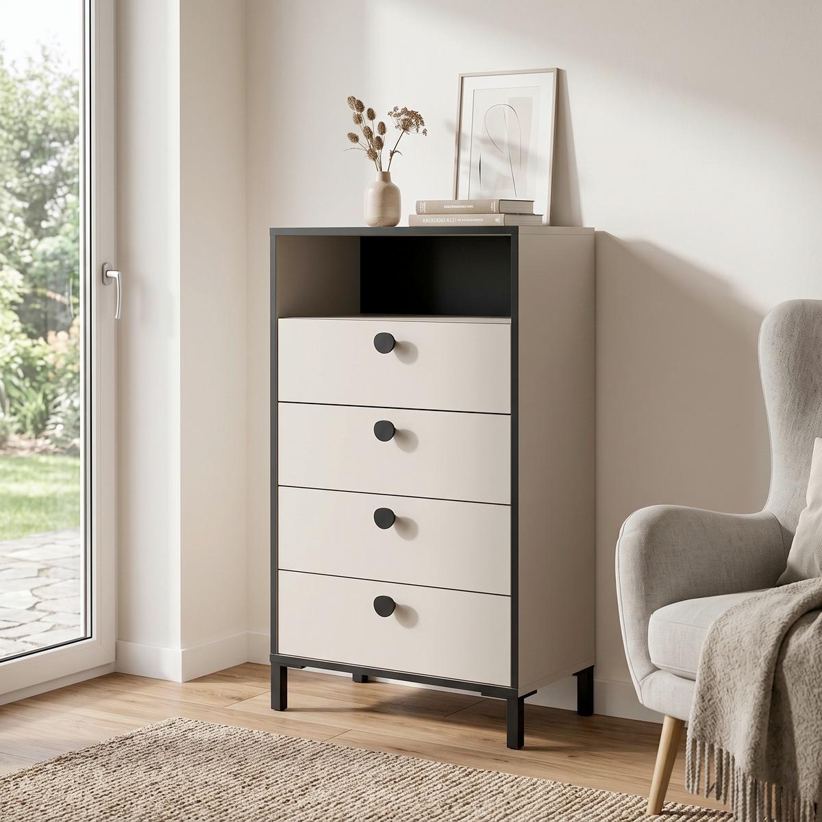 HIGHBOARD Edda, Beige B: 60,2 cm - Beige/Schwarz, Design, Holzwerkstoff (60,2/103,4/33,1cm) - MID.YOU