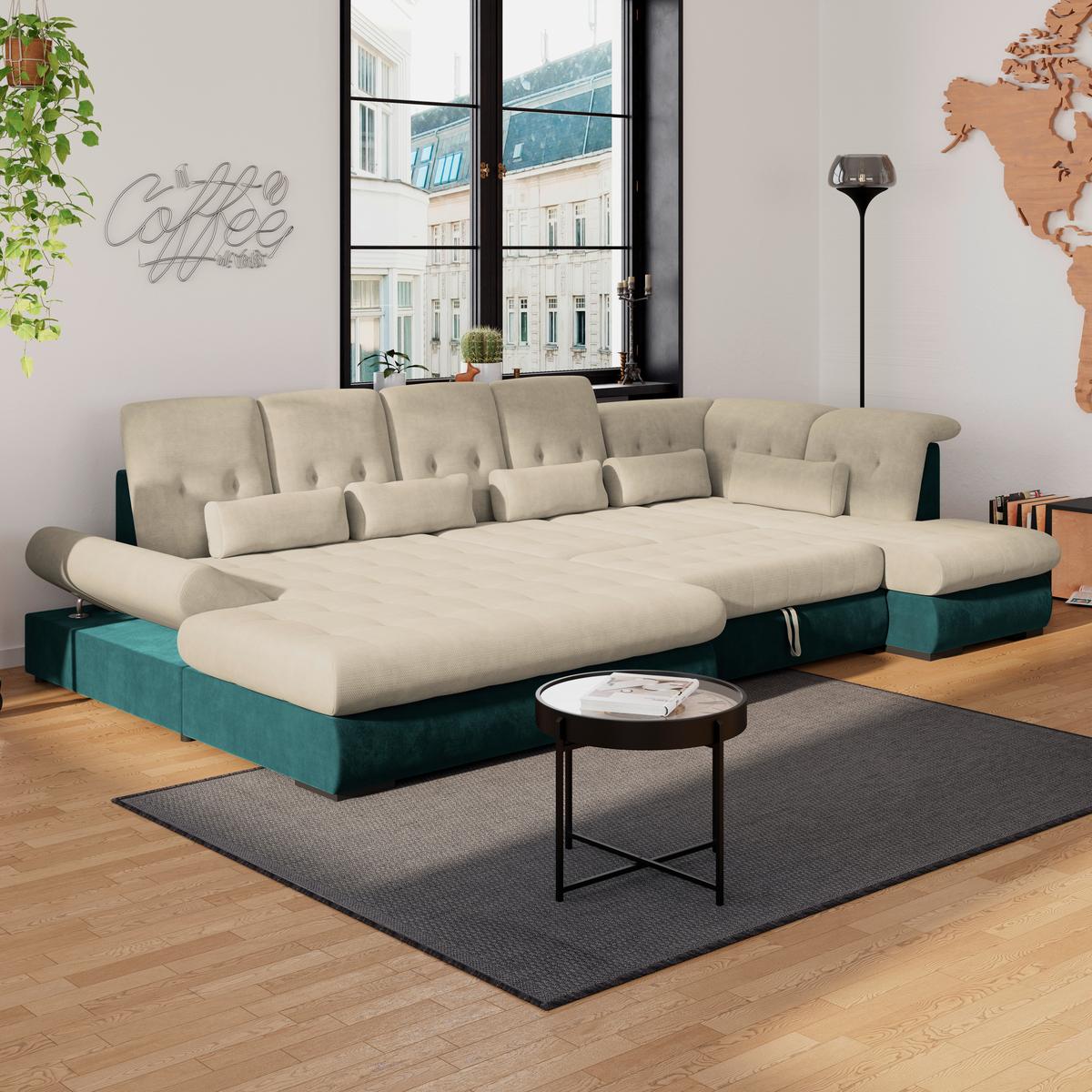 Wohnlandschaft Madera Cremefarben S: 358x212 cm - Türkis/Creme, KONVENTIONELL, Kunststoff/Textil (190/358/212cm)