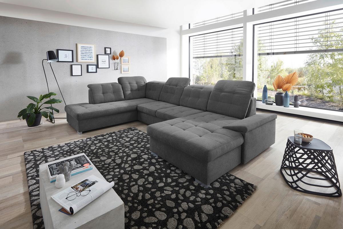 Wohnlandschaft Zira Mit Schlaffunktion Anthrazit - Chromfarben/Anthrazit, Design, Textil (212/330/169cm) - Livetastic
