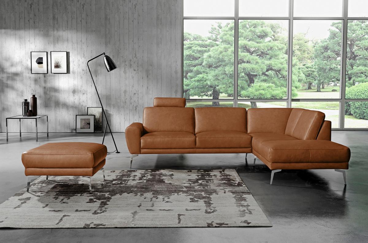 Ecksofa Spring Cognac Chrom, S: 273x250 cm - Chromfarben/Cognac, Design, Leder (273/250cm) - Livetastic