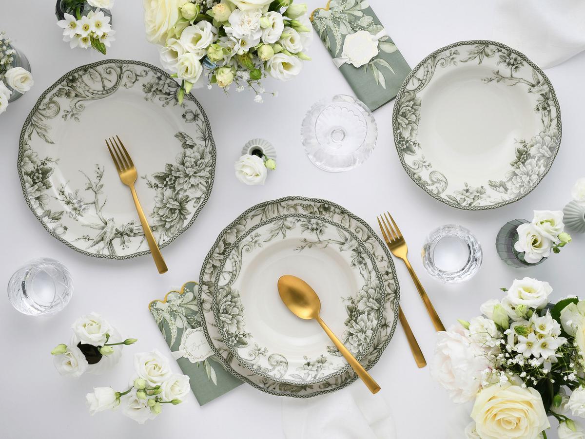 Tafelservice, 8-Teilig für 4 Personen, Porzellan - Weiß/Grün, Basics, Keramik - Creatable