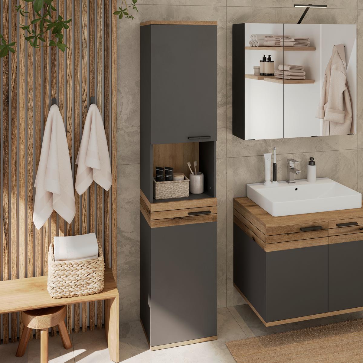 Badezimmer Hochschrank Cotia Cotls 40x187,6 cm Anthrazit - Eichefarben/Anthrazit, MODERN, Holzwerkstoff (40/187,6/30cm) - James Wood