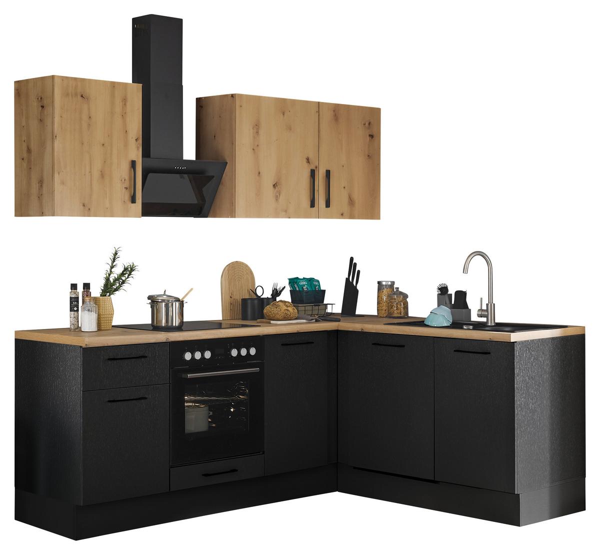 Eckküche Turin Schwarz/Eiche Dekor 220x175 cm - Schwarz/Eiche Artisan, Basics, Holzwerkstoff (220/175cm) - MID.YOU