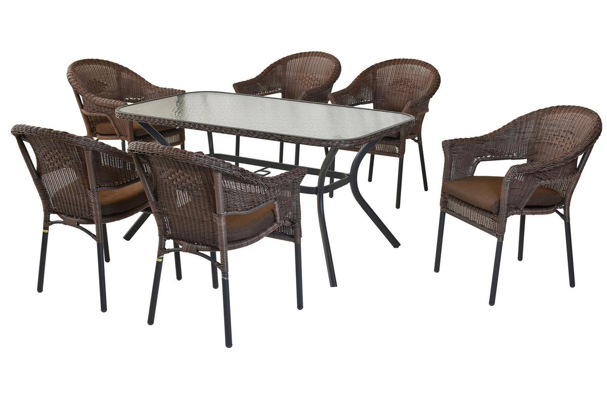 Gartentischgruppe Ravenna 7tlg. Set inkl. Sitzkissen - Dunkelbraun/Graphitfarben, KONVENTIONELL, Glas/Kunststoff - Gardenson