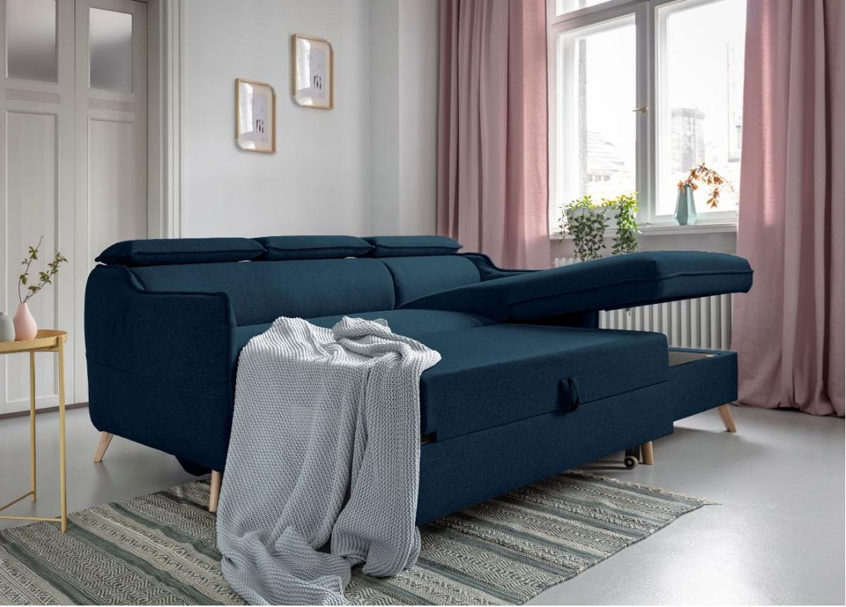 Rozkládací sedačka Simone, pravé provedení - přírodní barvy/tmavě modrá, Moderní, dřevo/textil (228/82/95/162cm)