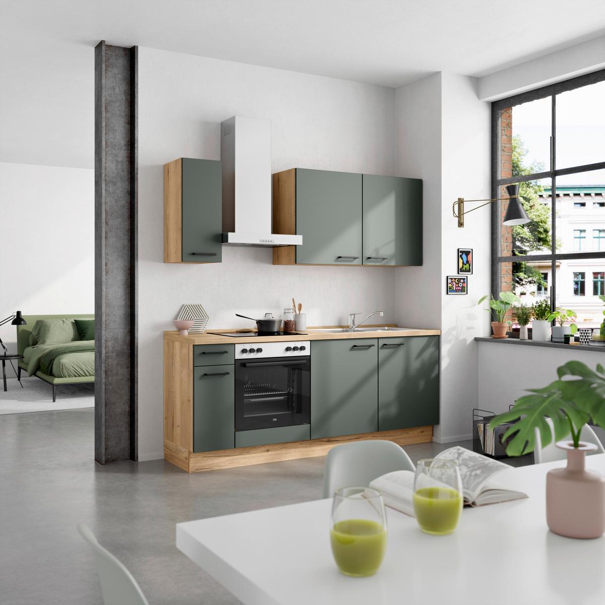 Küchenleerblock Easytouch Low-Line, L5 Links - Dunkelgrün/Eichefarben, MODERN, Holzwerkstoff (210cm) - Nobilia