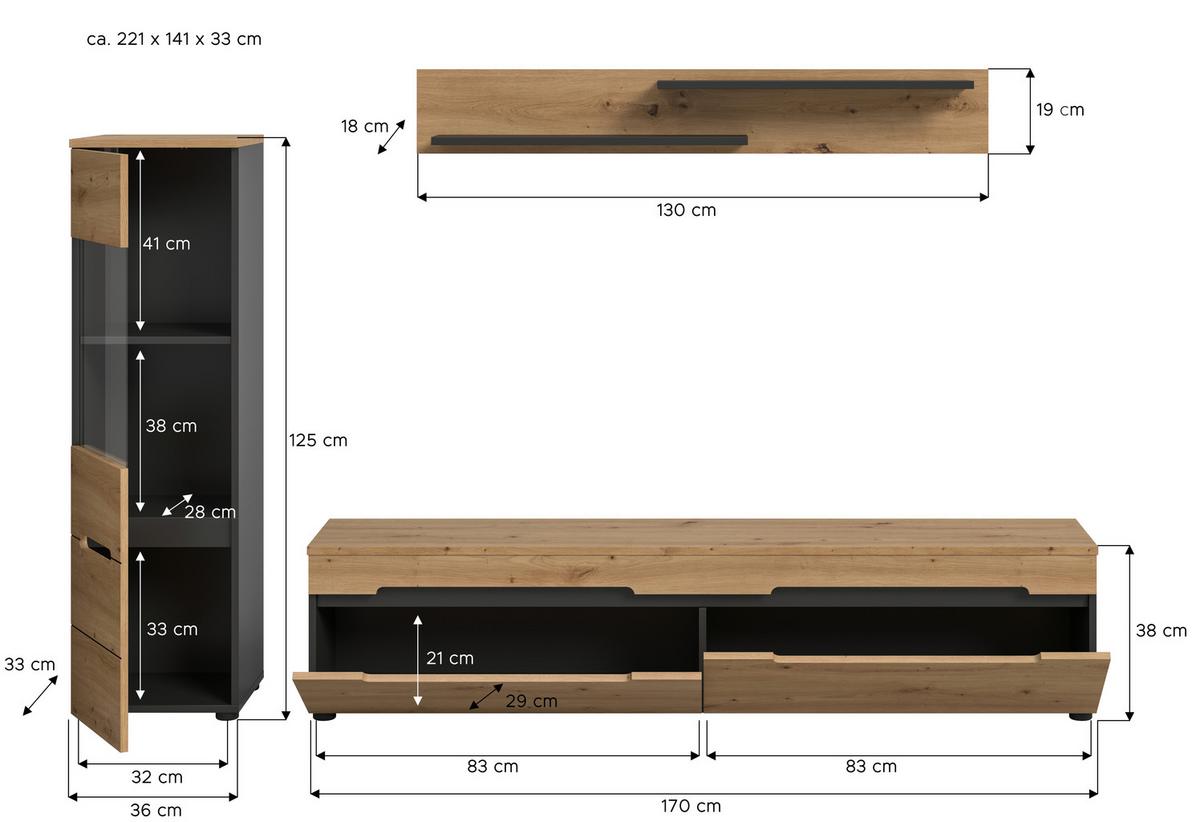 Wohnwand Canu Eiche Artisan Dekor B: 221cm - Schwarz/Eiche Artisan, Design, Holzwerkstoff (221/141/33cm) - Livetastic
