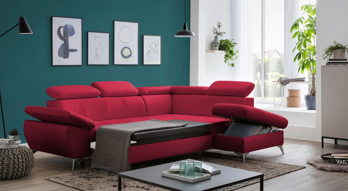 Ecksofa Mit Schlaffunktion Und Bettkasten Gisele Rot - Chromfarben/Rot, KONVENTIONELL, Textil (256/209cm) - Livetastic