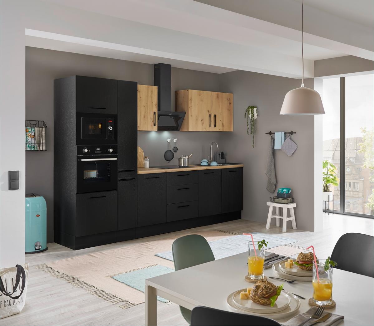 Küchenblock Turin Schwarz/eiche Dekor B: 300 Cm - Schwarz/Eiche Artisan, Basics, Holzwerkstoff (300cm) - MID.YOU