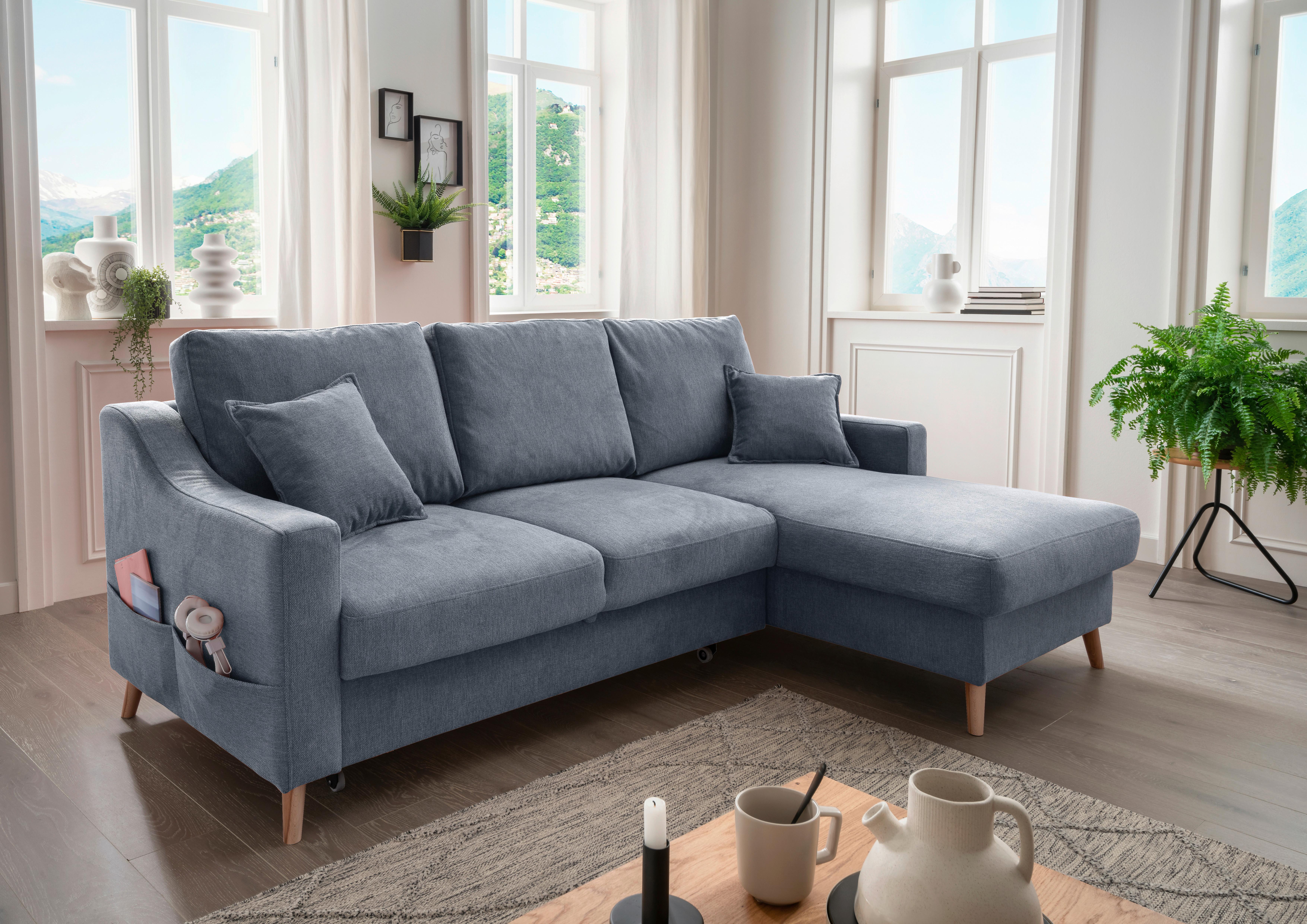 Ecksofa  mit Schlaffunktion Valentina mit Kissen Blau - Blau/Naturfarben, KONVENTIONELL, Textil (228/150cm) - P & B