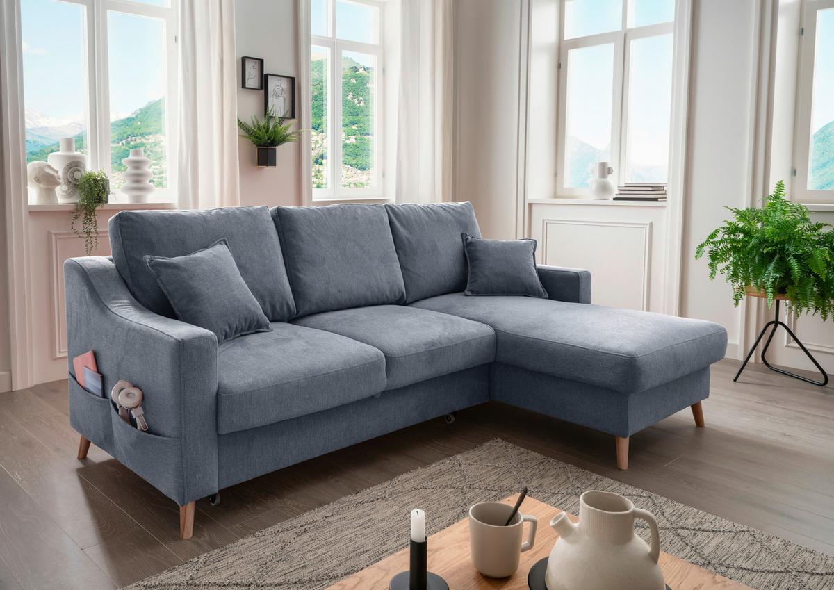 Ecksofa  mit Schlaffunktion Valentina mit Kissen Blau - Blau/Naturfarben, KONVENTIONELL, Textil (228/150cm) - P & B