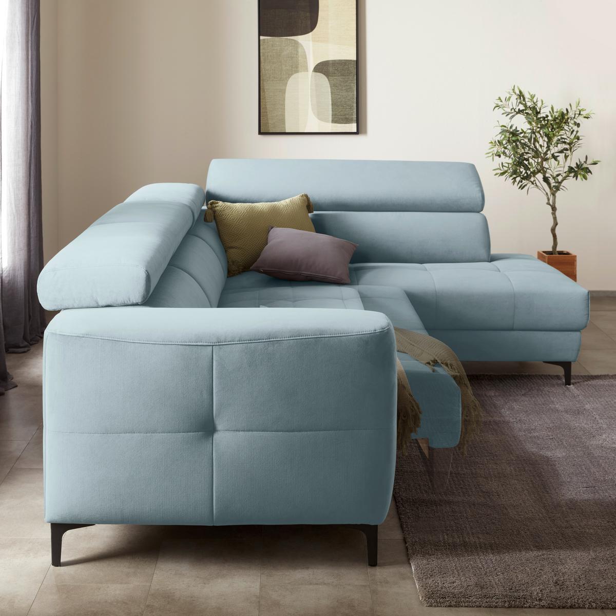 Rohová sedačka EMMA, pravá, sv.modrá,op.hl.,USB,el.výsuv - svetlomodrá/čierna, Modern, textil (301/210cm) - Premium Living