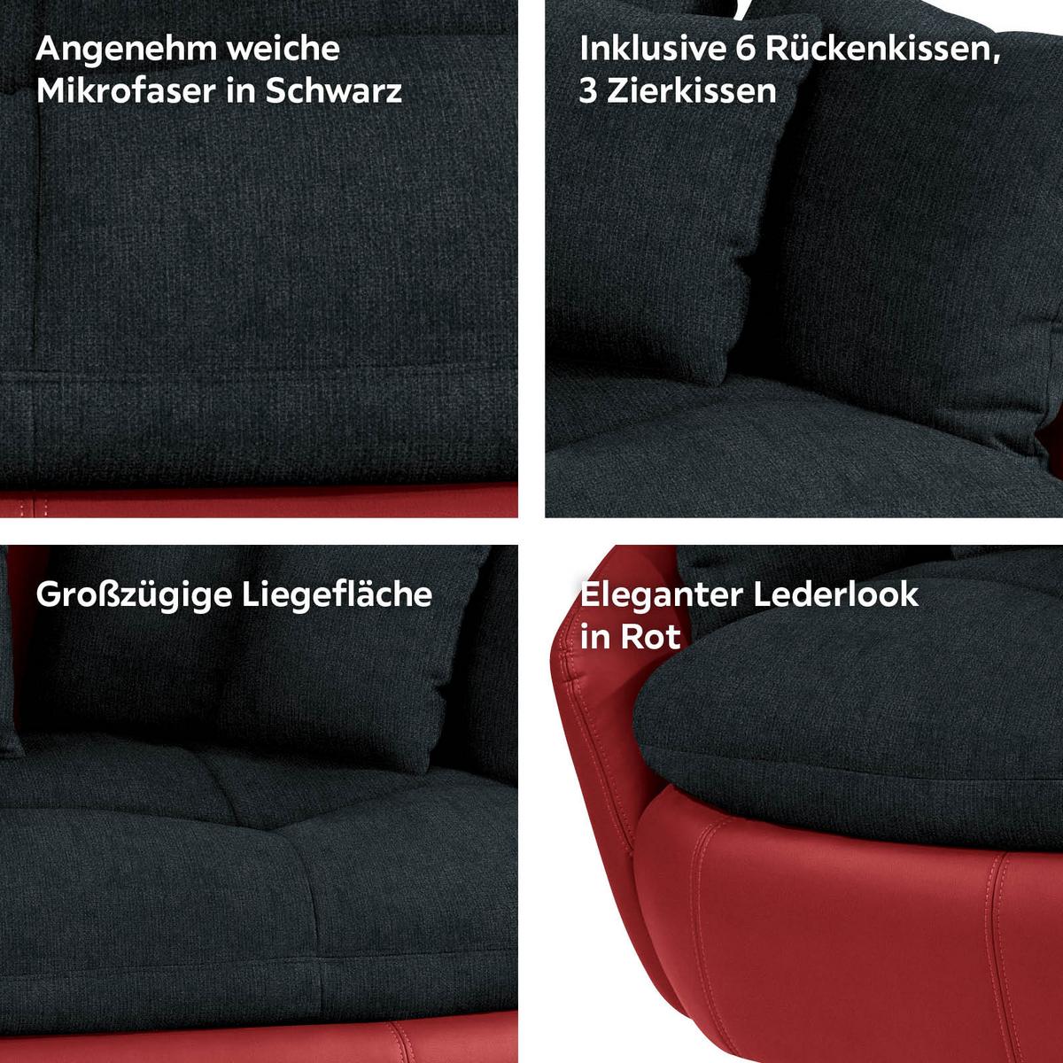 Big Sofa Aruba mit Kissen Schwarz/Rot Lederlook - Rot/Schwarz, LIFESTYLE, Textil (238/80/140cm)