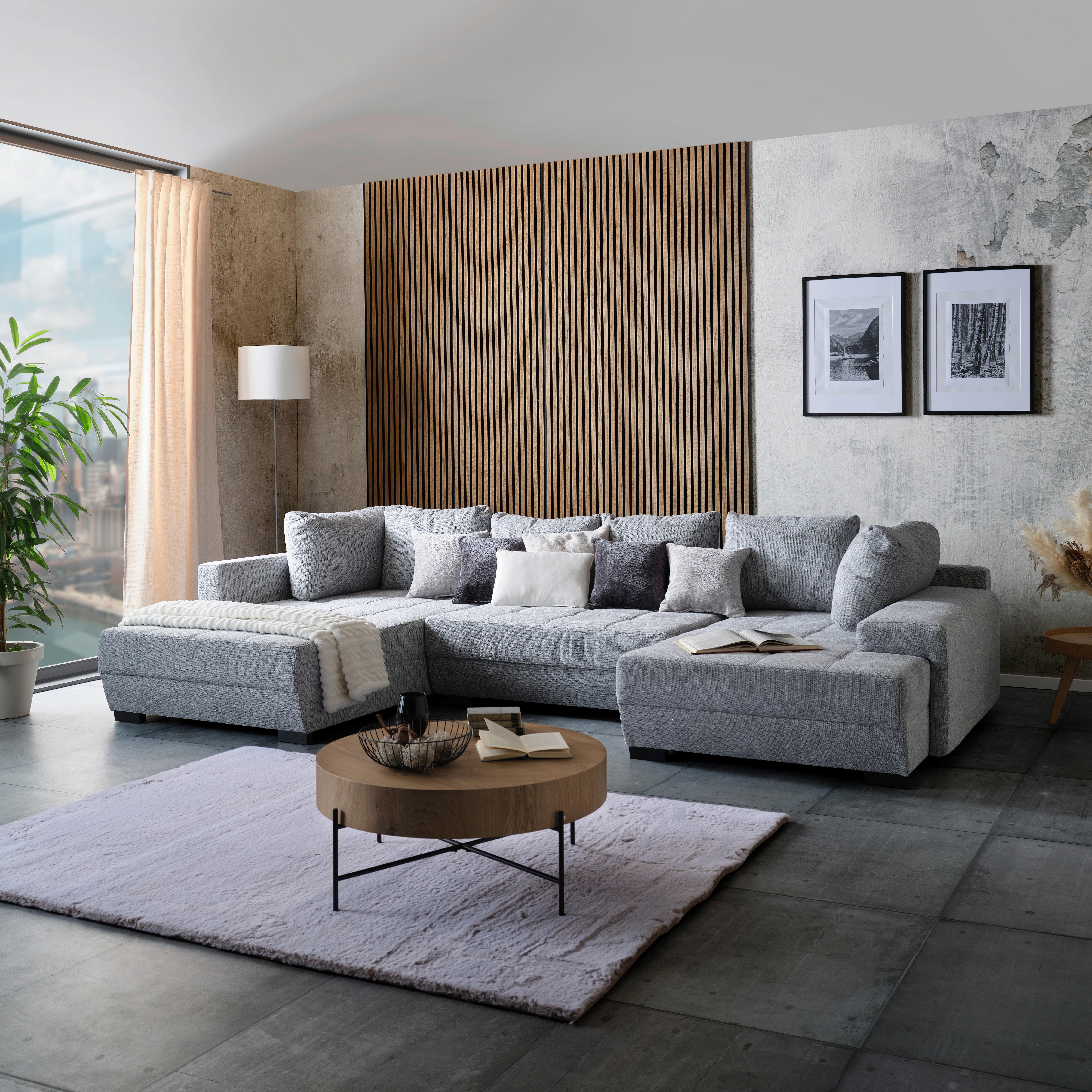 Wohnlandschaft Lugano - Hellgrau/Schwarz, MODERN, Holz/Textil (359/216cm)