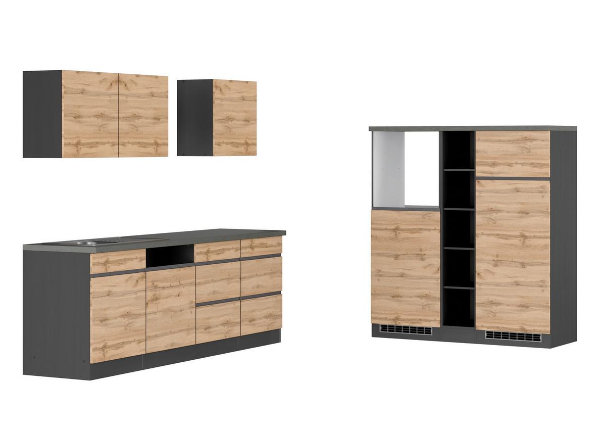 Zweizeilige Küche Turin 390 cm Graphitfarben/Eiche - Eiche Wotan/Graphitfarben, Design, Holzwerkstoff (390cm) - Held
