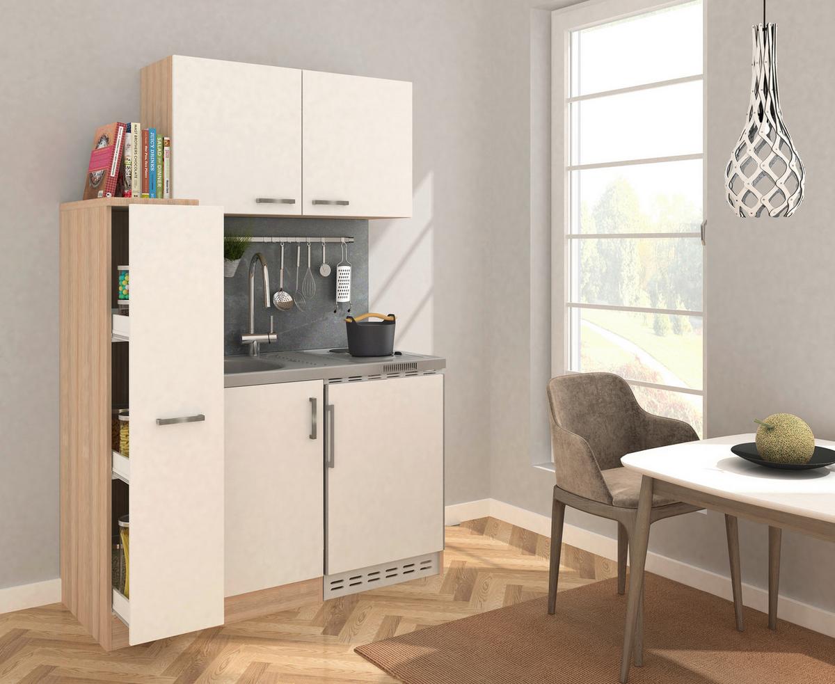 Miniküche M. Kühlschrank + Kochfeld 130 Cm Weiß/eiche - Edelstahlfarben/Eichefarben, MODERN, Holzwerkstoff/Metall (130cm) - Respekta