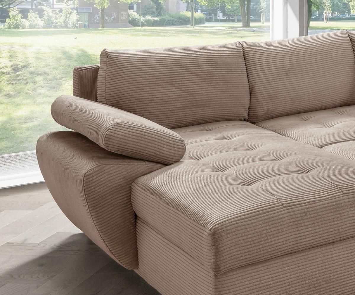 Wohnlandschaft Terana mit Schlaffunktion, Goldbraun - Chromfarben/Graubraun, KONVENTIONELL, Textil (157/305/219cm) - Livetastic