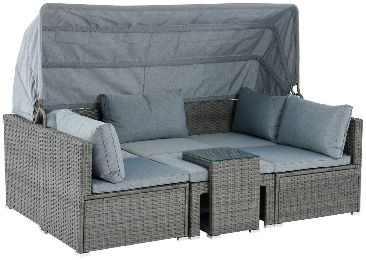 Loungegarnitur 5-Tlg. Almeria, Polyrattan/Textil mit Kissen - Grau, MODERN, Glas/Kunststoff