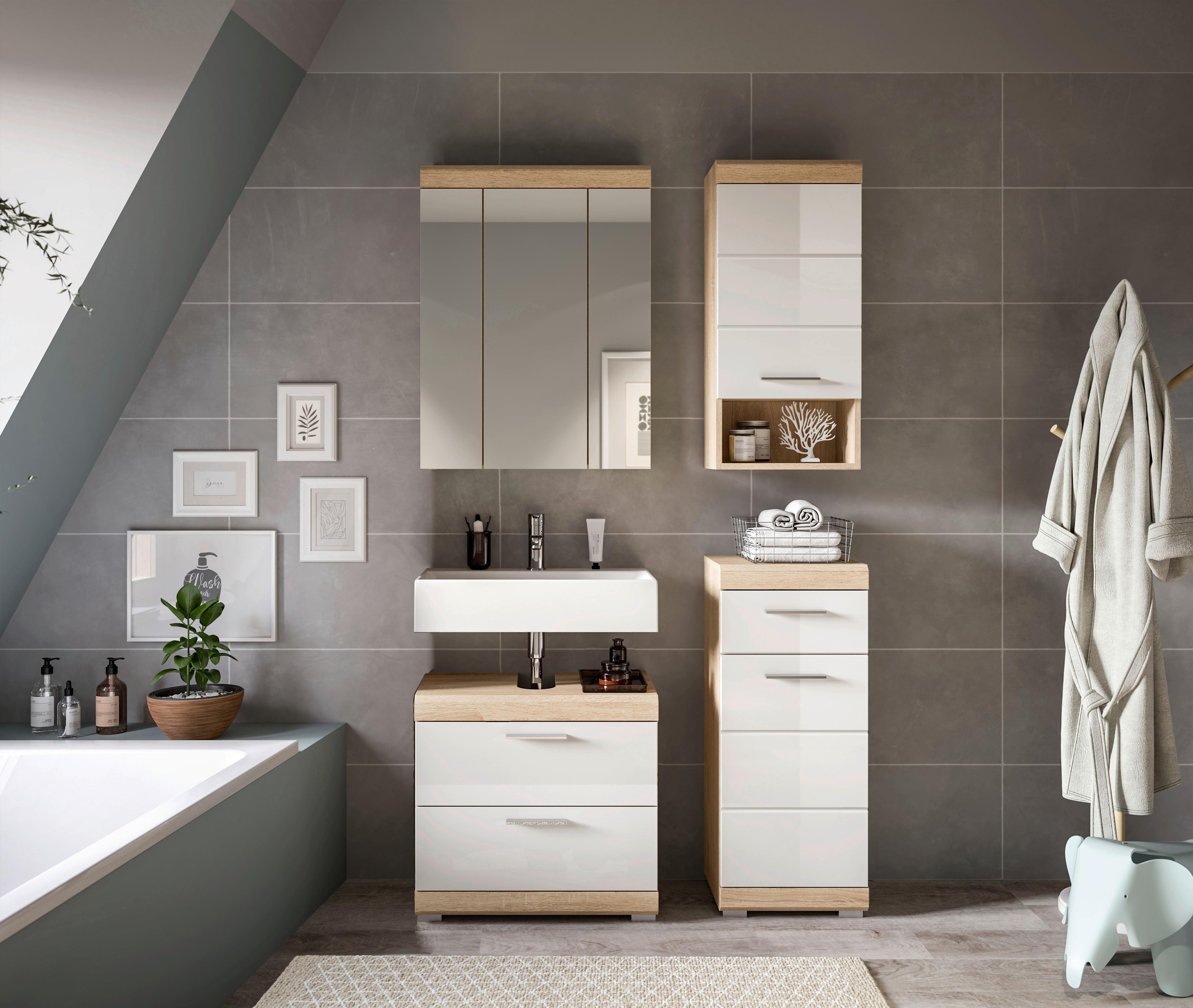 Badezimmer Lambada Eiche Dekor/Weiß B: 97 cm - Weiß Hochglanz/Silberfarben, MODERN, Glas/Holzwerkstoff (97cm) - MID.YOU
