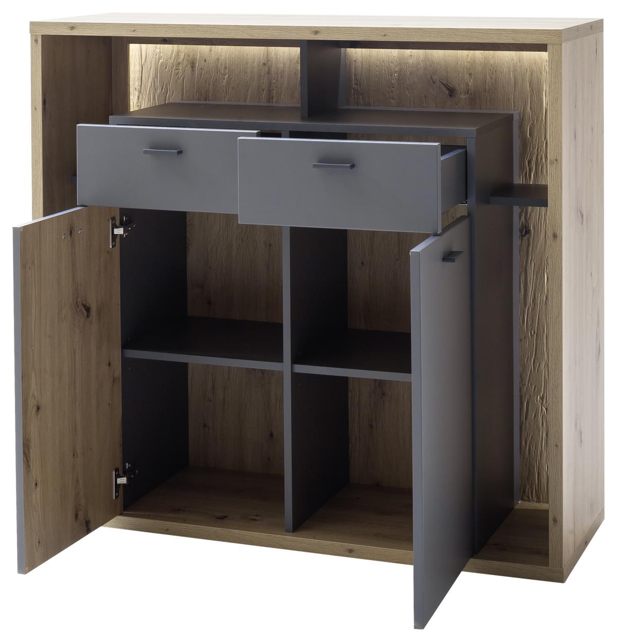 Highboard B: 115 cm Lizzano Grau/Eichefarben - Eichefarben/Grau, Design, Holzwerkstoff (115/108/40cm) - MID.YOU