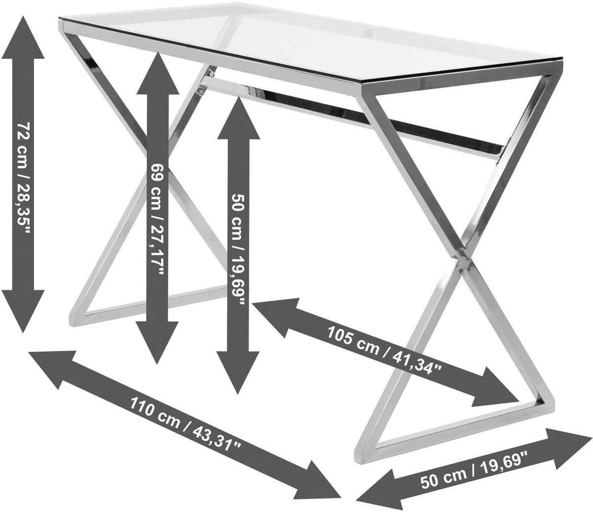 Schreibtisch Xtra Desk - Chromfarben/Klar, MODERN, Glas/Metall (110/50/72cm) - Livetastic
