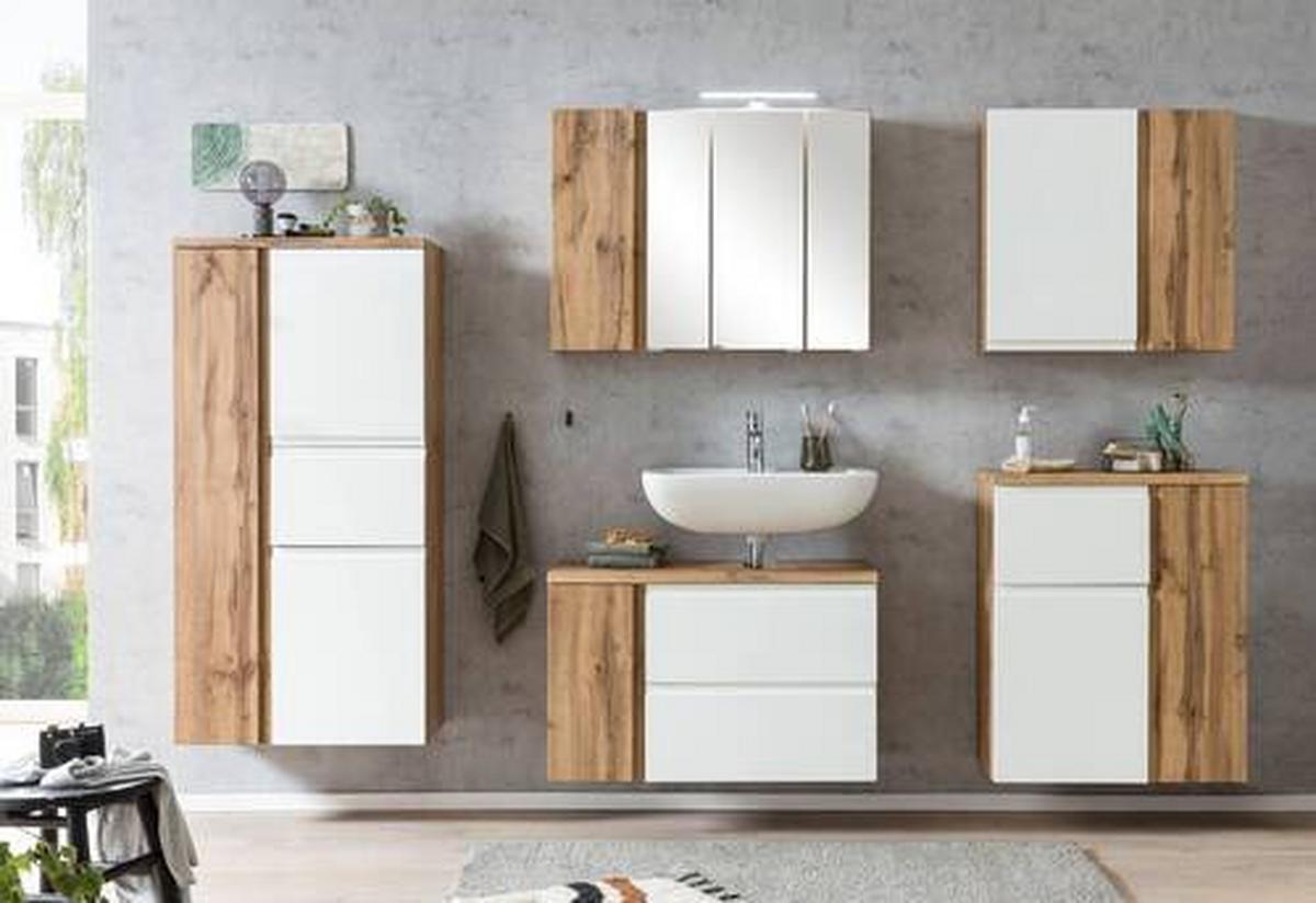 Midischrank Bad Varese B: 65 cm Weiß/Wotaneiche Dekor - Silberfarben/Eiche Wotan, MODERN, Holzwerkstoff (65/130/35cm) - Held